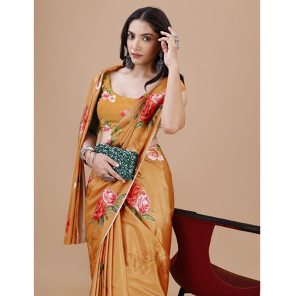 Generic Women's Crepe Digital Print Saree With Unstitched Blouse 5.5Mtr (Mustard)