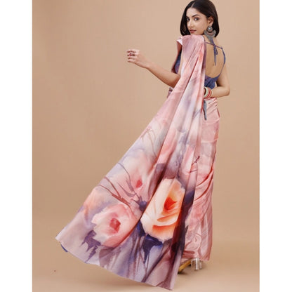 Generic Women's Crepe Digital Print Saree With Unstitched Blouse 5.5Mtr (Pink)