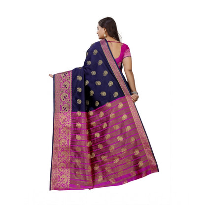 Generic Women's Silk Blend Woven Saree With Unstitched Blouse 5.5Mtr (Dark Blue-Pink)