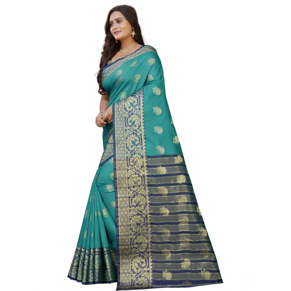 Generic Women's Silk Blend Woven Saree With Unstitched Blouse 5.5Mtr (Dark Blue-Green)