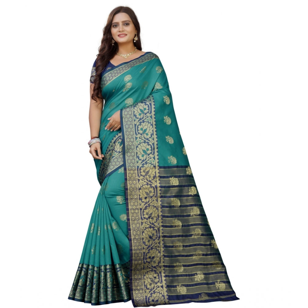 Generic Women's Silk Blend Woven Saree With Unstitched Blouse 5.5Mtr (Dark Blue-Green)