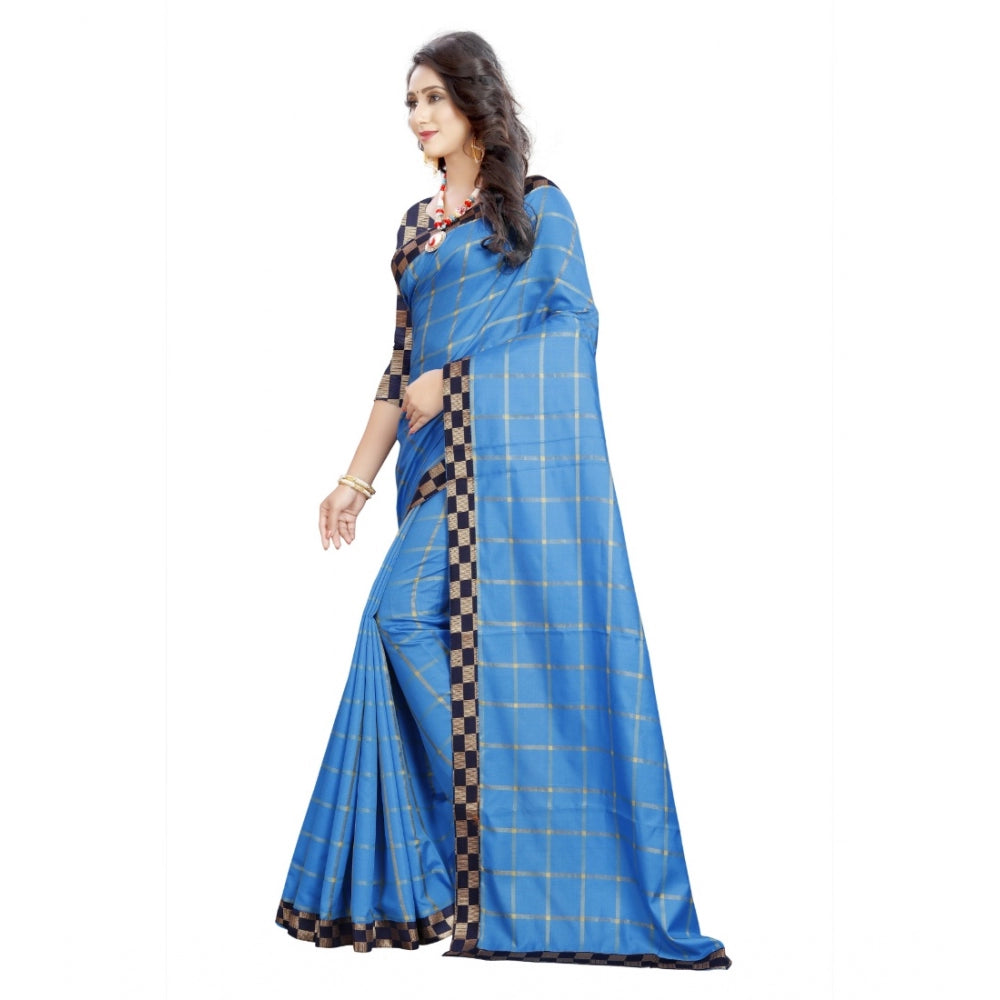 Generic Women's Cotton Silk Checkered Saree With Unstitched Blouse 5.5Mtr (Light Blue)