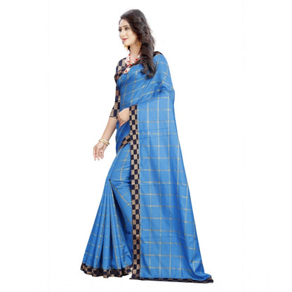 Generic Women's Cotton Silk Checkered Saree With Unstitched Blouse 5.5Mtr (Light Blue)