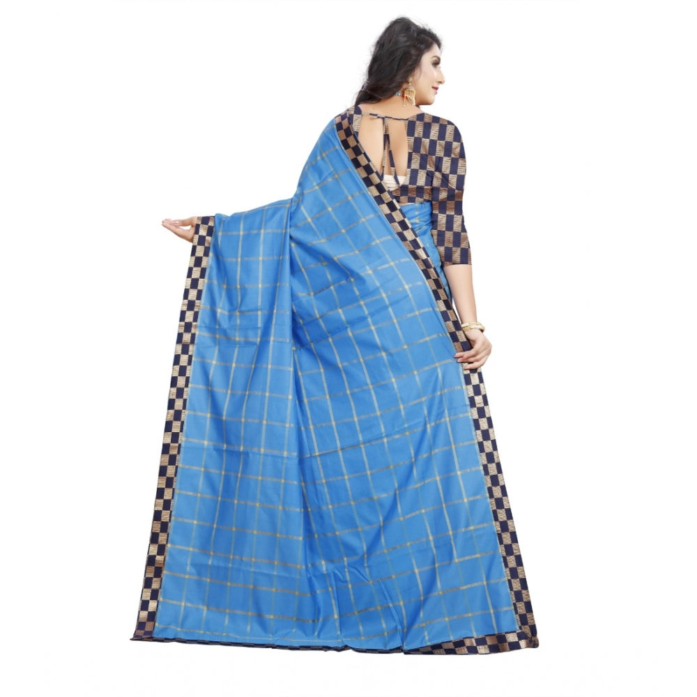 Generic Women's Cotton Silk Checkered Saree With Unstitched Blouse 5.5Mtr (Light Blue)