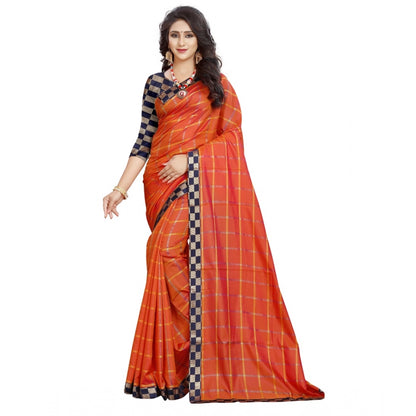 Generic Women's Cotton Silk Checkered Saree With Unstitched Blouse 5.5Mtr (Orange)