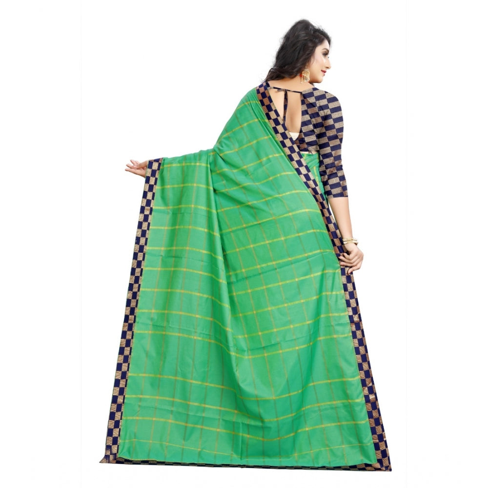 Generic Women's Cotton Silk Checkered Saree With Unstitched Blouse 5.5Mtr (Green)