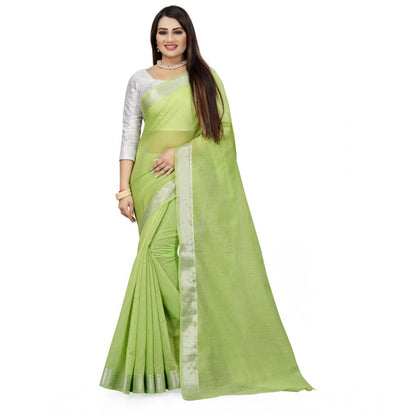 Generic Women's Cotton Silk Self Design Saree With Unstitched Blouse 5.5Mtr (Green)