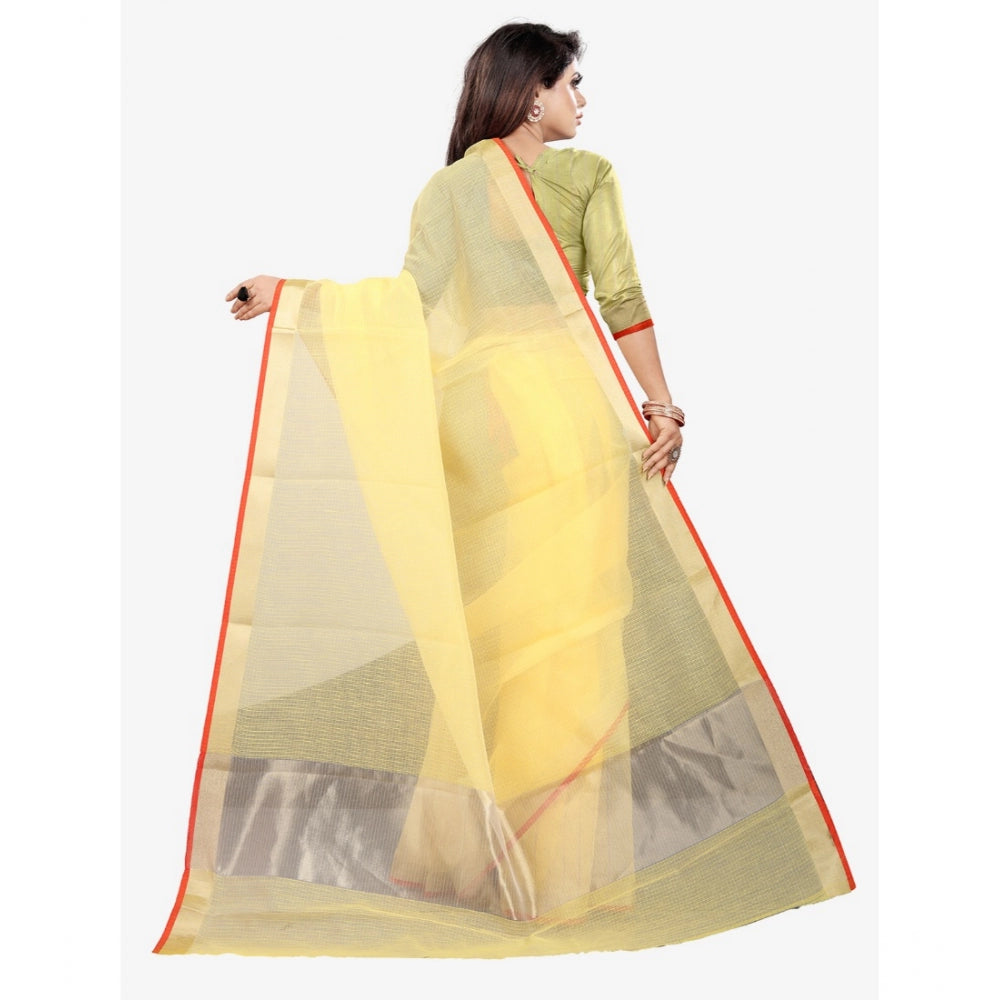 Generic Women's Silk Blend Striped Saree With Unstitched Blouse 5.5Mtr (Yellow)