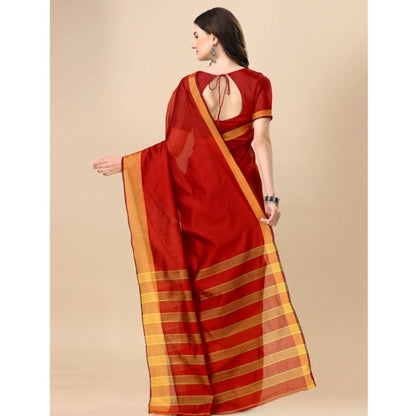 Generic Women's Cotton Silk Striped Saree With Unstitched Blouse 5.5Mtr (Red)