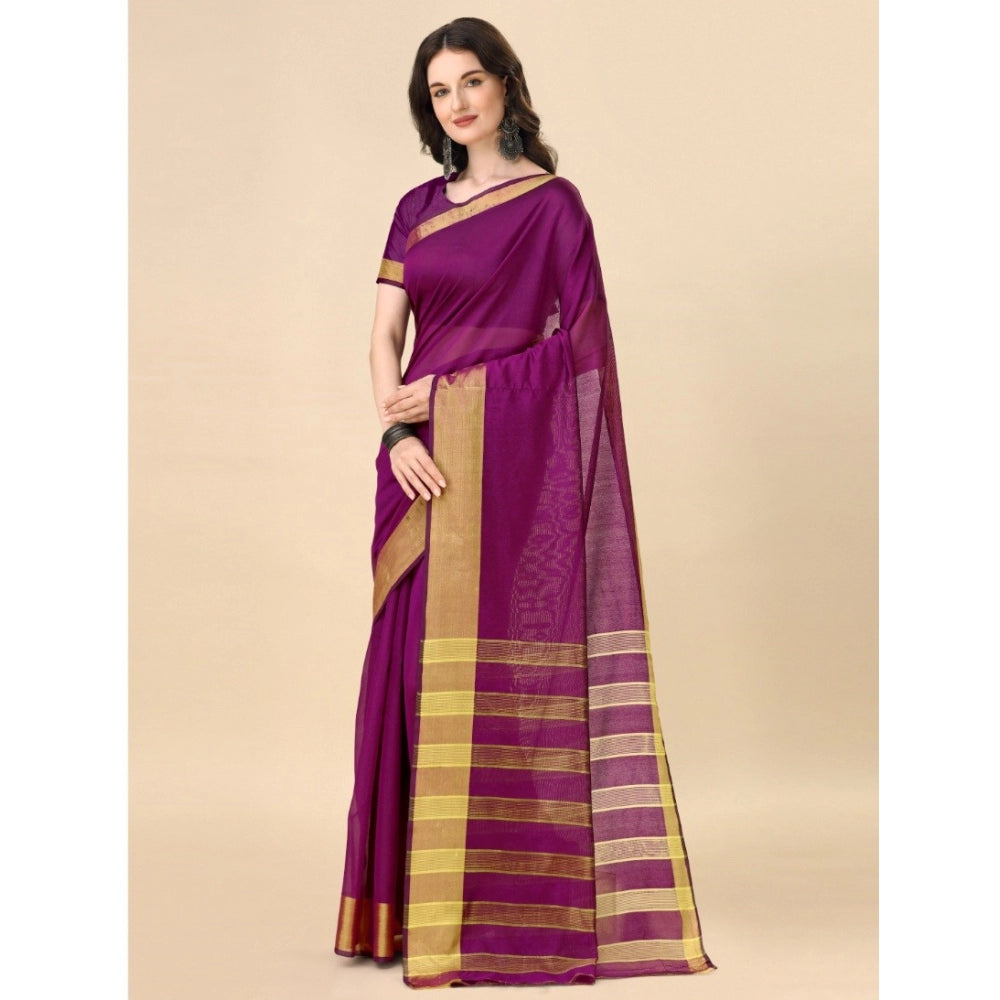 Generic Women's Cotton Silk Striped Saree With Unstitched Blouse 5.5Mtr (Purple)