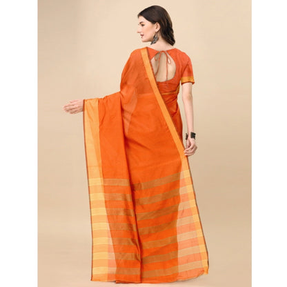 Generic Women's Cotton Silk Striped Saree With Unstitched Blouse 5.5Mtr (Orange)