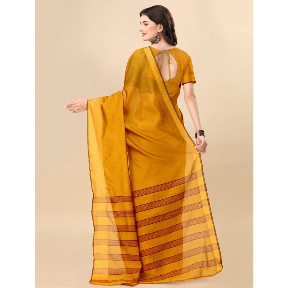 Generic Women's Cotton Silk Striped Saree With Unstitched Blouse 5.5Mtr (Mustard)