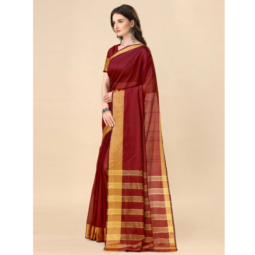 Generic Women's Cotton Silk Striped Saree With Unstitched Blouse 5.5Mtr (Maroon)