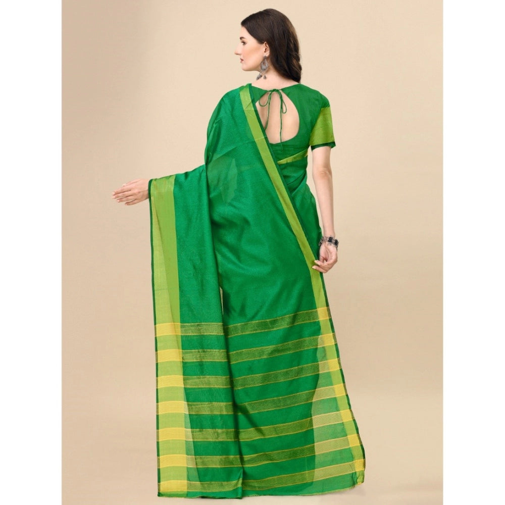 Generic Women's Cotton Silk Striped Saree With Unstitched Blouse 5.5Mtr (Green)