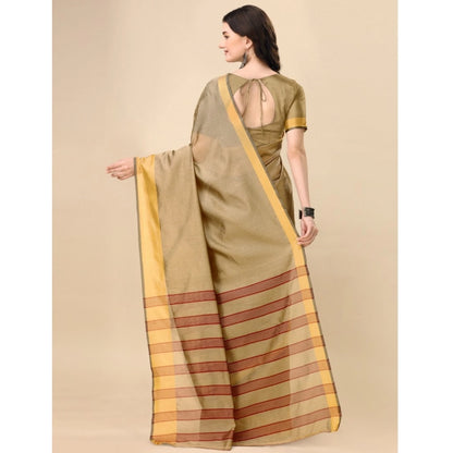 Generic Women's Cotton Silk Striped Saree With Unstitched Blouse 5.5Mtr (Cream)