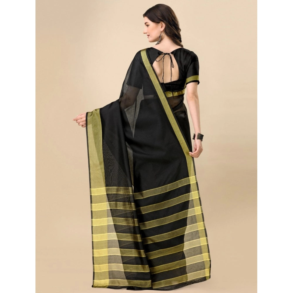 Generic Women's Cotton Silk Striped Saree With Unstitched Blouse 5.5Mtr (Black)