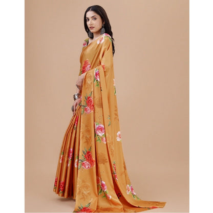 Generic Women's Crepe Digital Print Saree With Unstitched Blouse 5.5Mtr (Mustard)