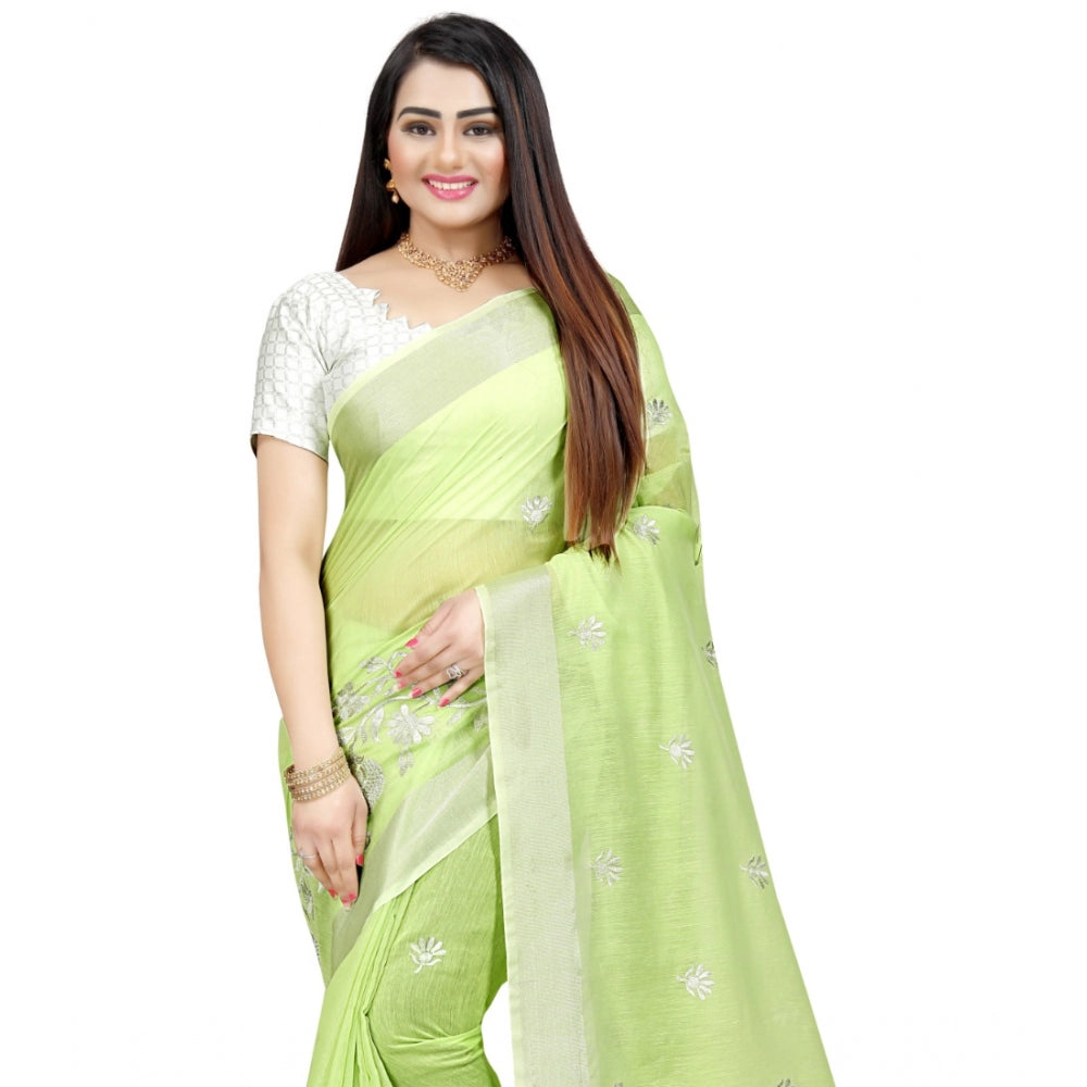 Generic Women's Cotton Silk Embroidered Saree With Unstitched Blouse 5.5Mtr (Light Green)