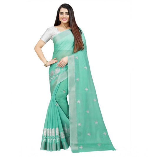 Generic Women's Cotton Silk Embroidered Saree With Unstitched Blouse 5.5Mtr (Light Green)