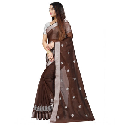 Generic Women's Cotton Silk Embroidered Saree With Unstitched Blouse 5.5Mtr (Brown)