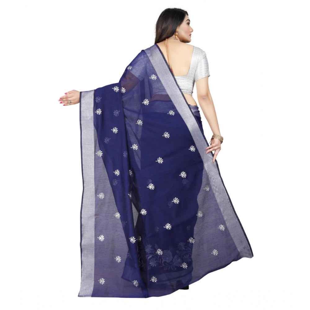 Generic Women's Cotton Silk Embroidered Saree With Unstitched Blouse 5.5Mtr (Blue)