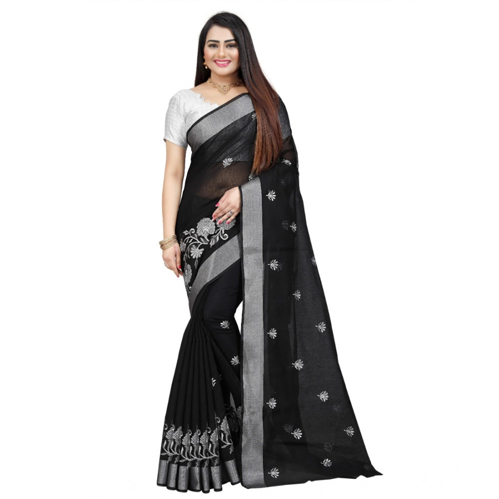 Generic Women's Cotton Silk Embroidered Saree With Unstitched Blouse 5.5Mtr (Black)