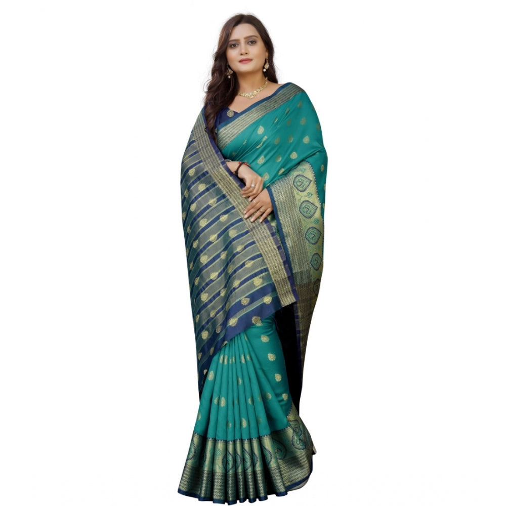 Generic Women's Silk Blend Woven Saree With Unstitched Blouse 5.5Mtr (Dark Blue-Green)