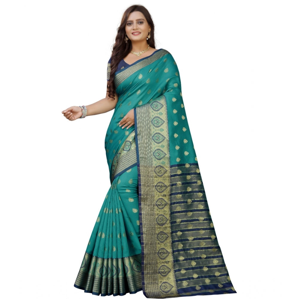 Generic Women's Silk Blend Woven Saree With Unstitched Blouse 5.5Mtr (Dark Blue-Green)