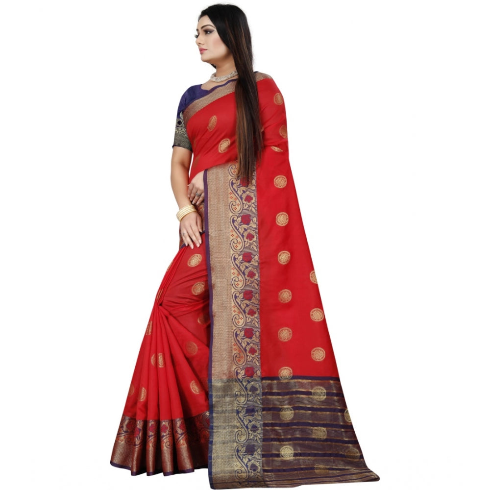 Generic Women's Silk Blend Woven Saree With Unstitched Blouse 5.5Mtr (Red-Blue)