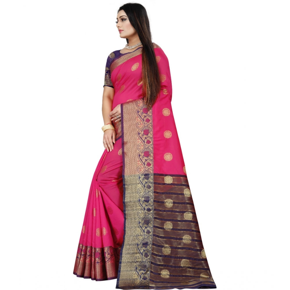 Generic Women's Silk Blend Woven Saree With Unstitched Blouse 5.5Mtr (Blue-Pink)