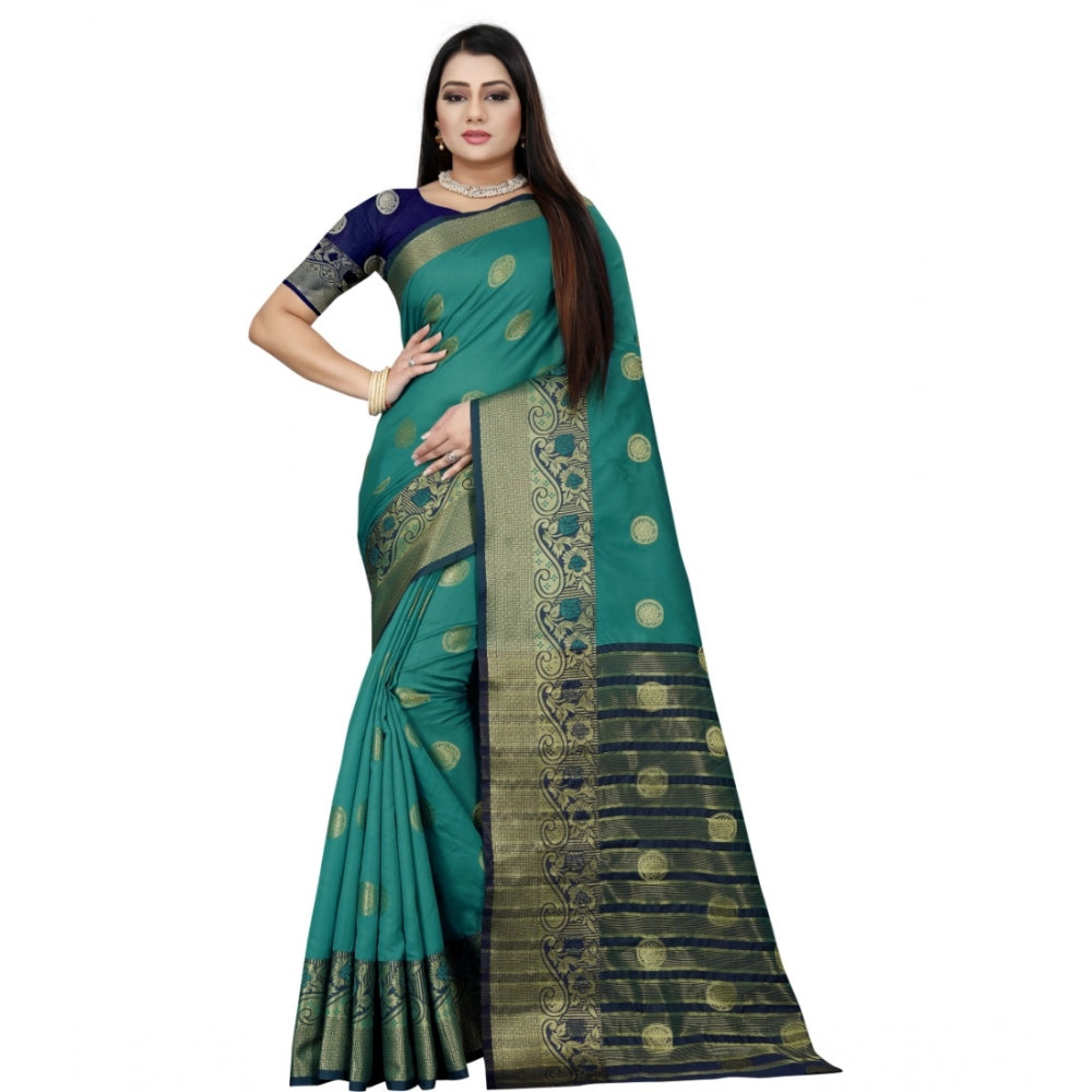 Generic Women's Silk Blend Woven Saree With Unstitched Blouse 5.5Mtr (Green-Blue)