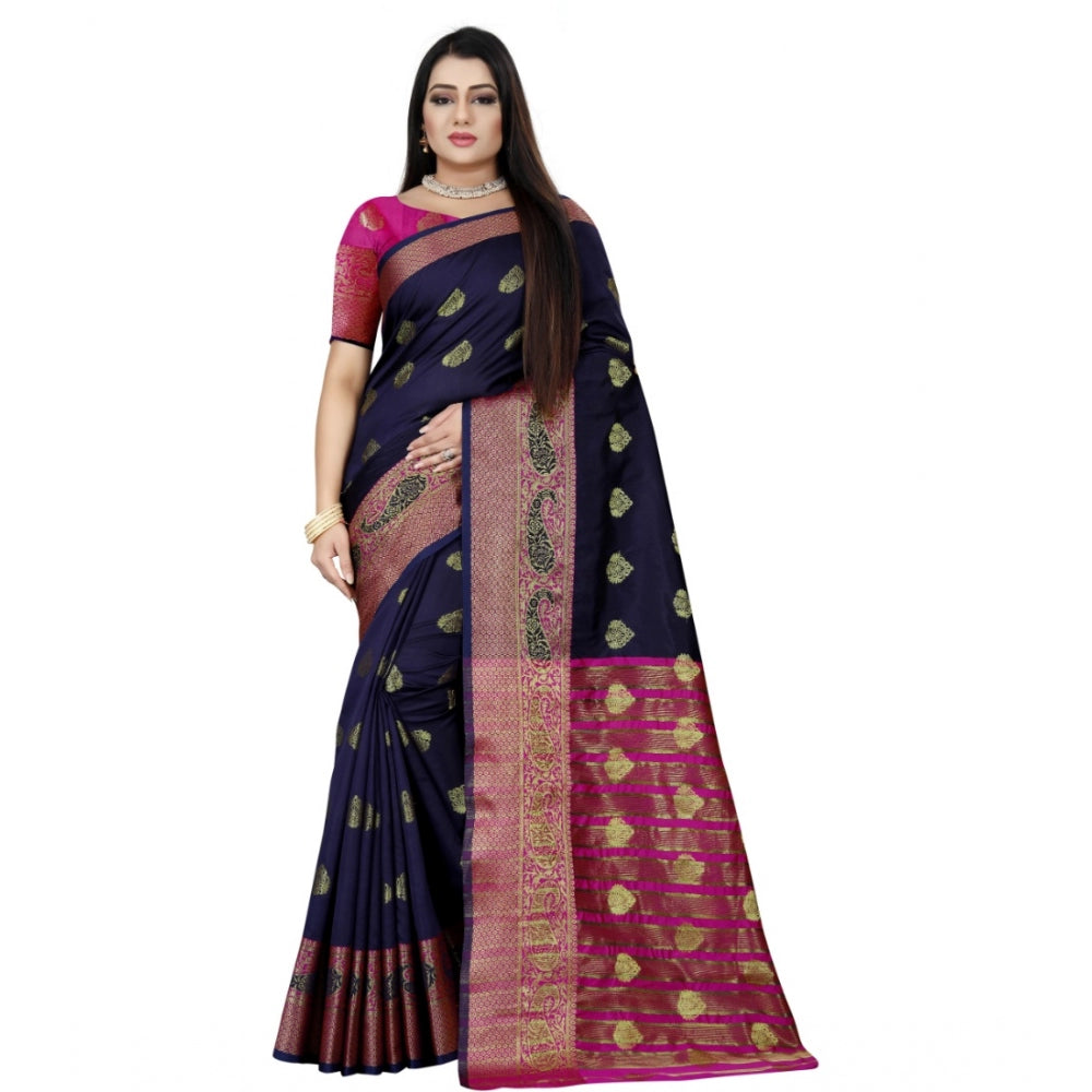 Generic Women's Silk Blend Woven Saree With Unstitched Blouse 5.5Mtr (Dark Blue-Pink)