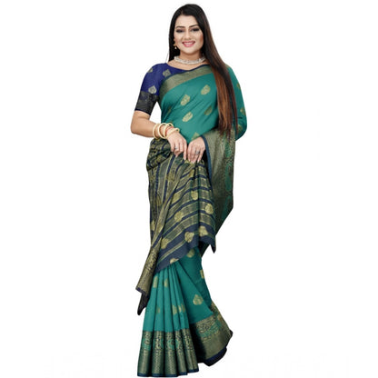 Generic Women's Silk Blend Woven Saree With Unstitched Blouse 5.5Mtr (Dark Blue-Green)