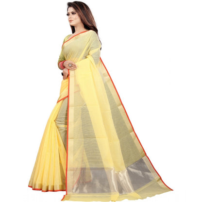 Generic Women's Cotton Silk Checkered Saree With Unstitched Blouse 5.5Mtr (Yellow)