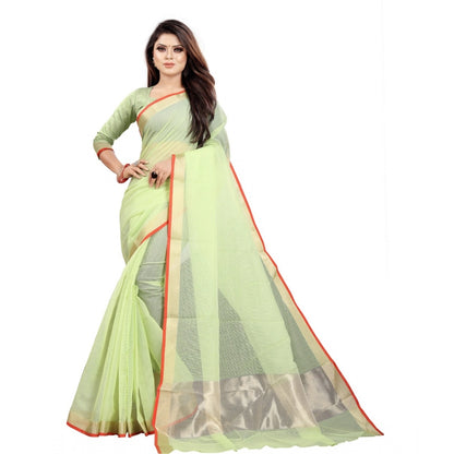 Generic Women's Cotton Silk Checkered Saree With Unstitched Blouse 5.5Mtr (Green)