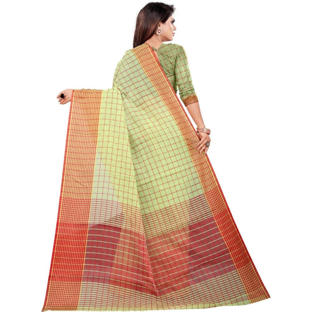 Generic Women's Cotton Silk Checkered Saree With Unstitched Blouse 5.5Mtr (Green)