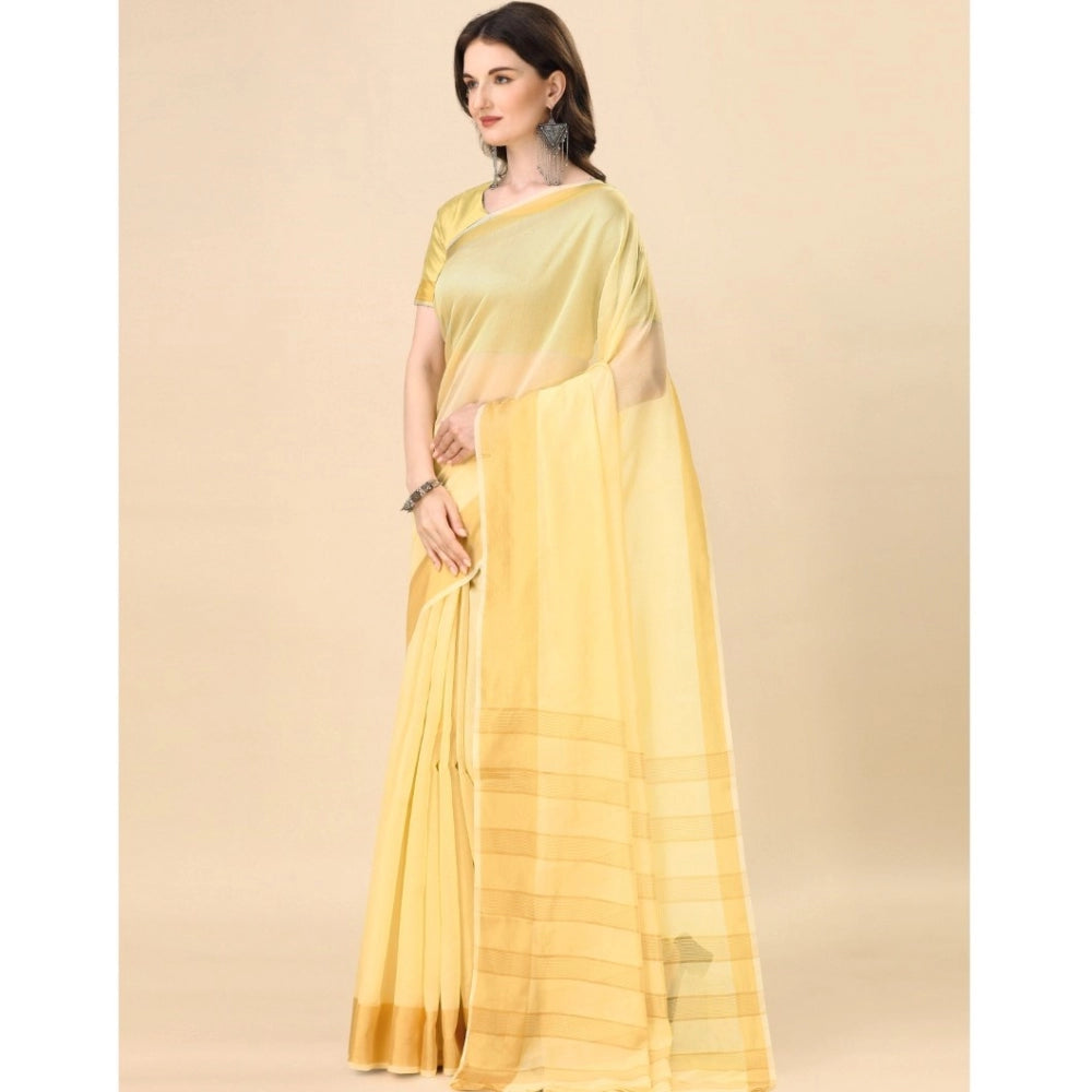 Generic Women's Cotton Silk Striped Saree With Unstitched Blouse 5.5Mtr (Yellow)