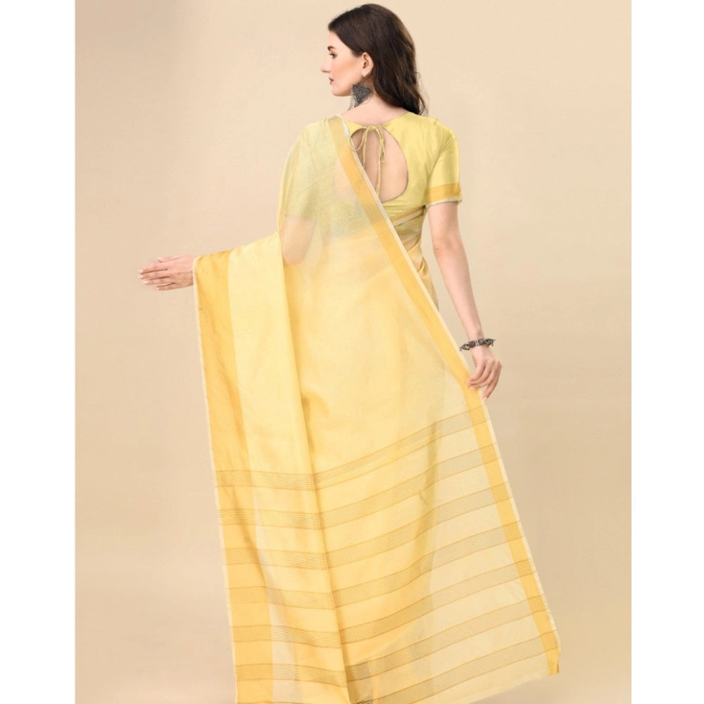 Generic Women's Cotton Silk Striped Saree With Unstitched Blouse 5.5Mtr (Yellow)