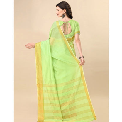 Generic Women's Cotton Silk Striped Saree With Unstitched Blouse 5.5Mtr (Green)