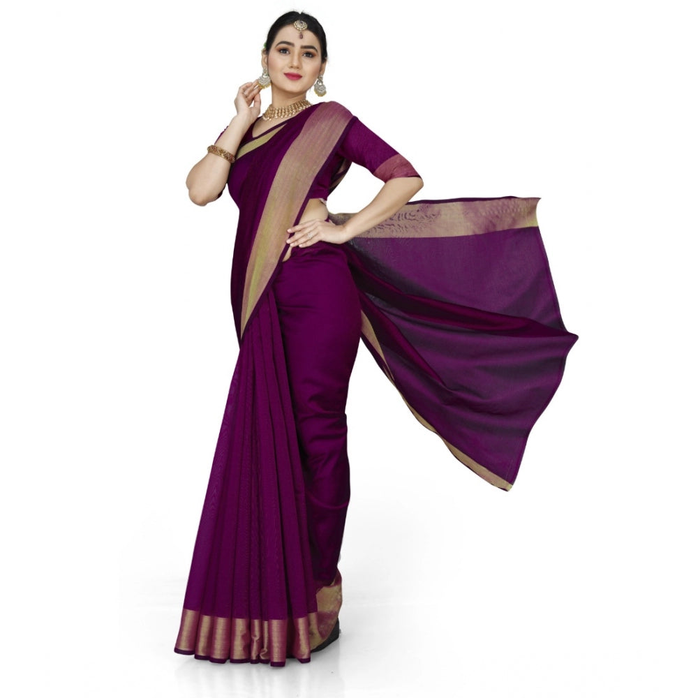 Generic Women's Cotton Silk Self Design Saree With Unstitched Blouse 5.5Mtr (Purple)