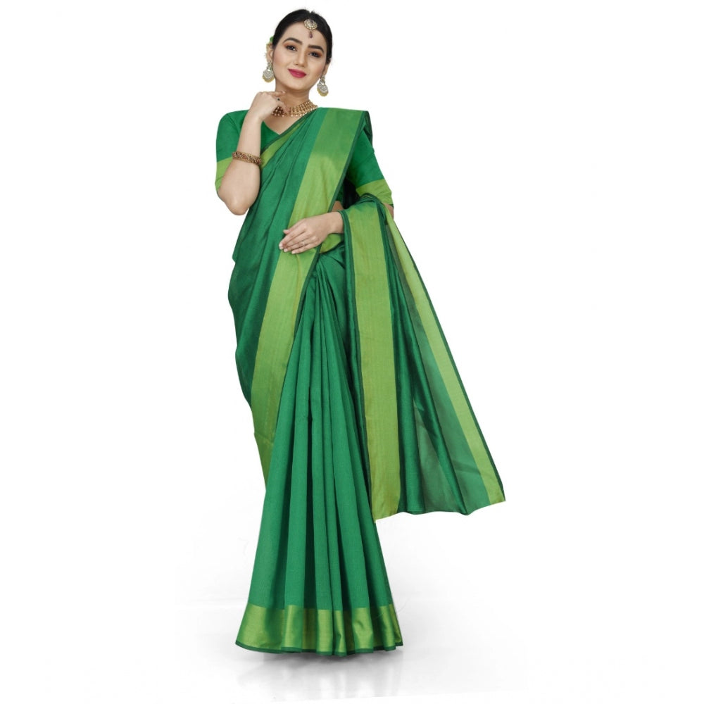 Generic Women's Cotton Silk Self Design Saree With Unstitched Blouse 5.5Mtr (Green)