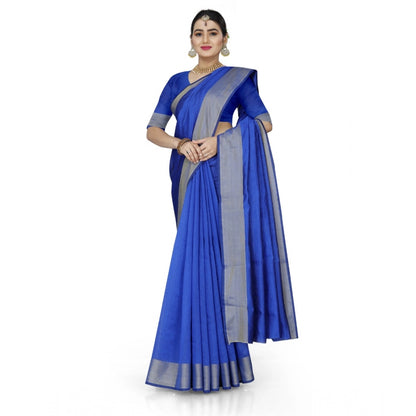 Generic Women's Cotton Silk Self Design Saree With Unstitched Blouse 5.5Mtr (Blue)