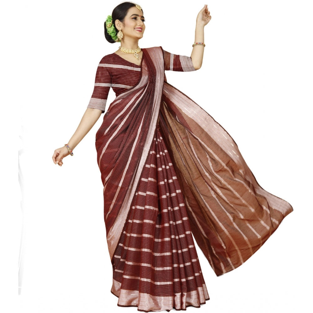 Generic Women's Cotton Silk Striped Saree With Unstitched Blouse 5.5Mtr (Red)