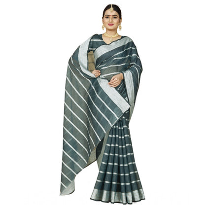 Generic Women's Cotton Silk Striped Saree With Unstitched Blouse 5.5Mtr (Dark Green)