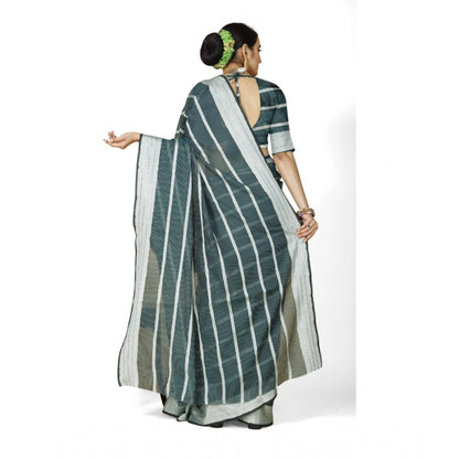 Generic Women's Cotton Silk Striped Saree With Unstitched Blouse 5.5Mtr (Dark Green)