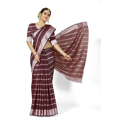 Generic Women's Cotton Silk Striped Saree With Unstitched Blouse 5.5Mtr (Maroon)