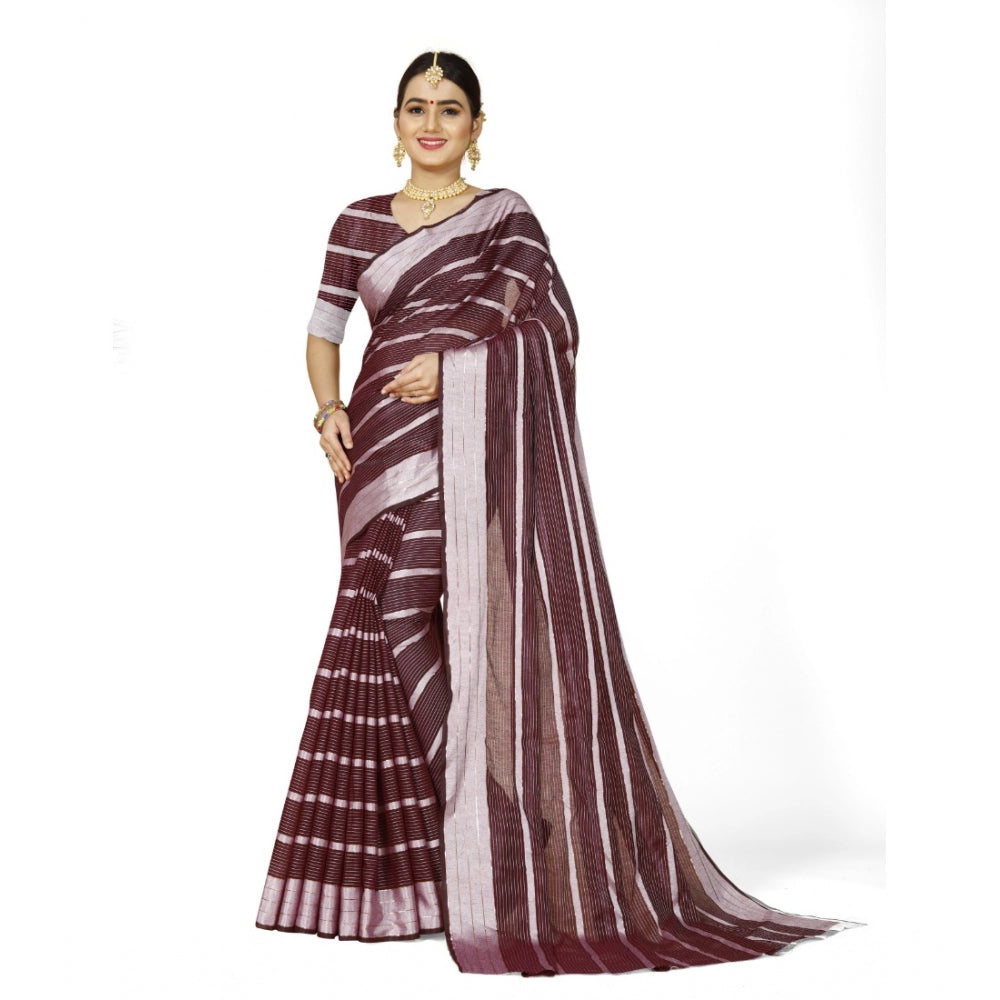 Generic Women's Cotton Silk Striped Saree With Unstitched Blouse 5.5Mtr (Maroon)