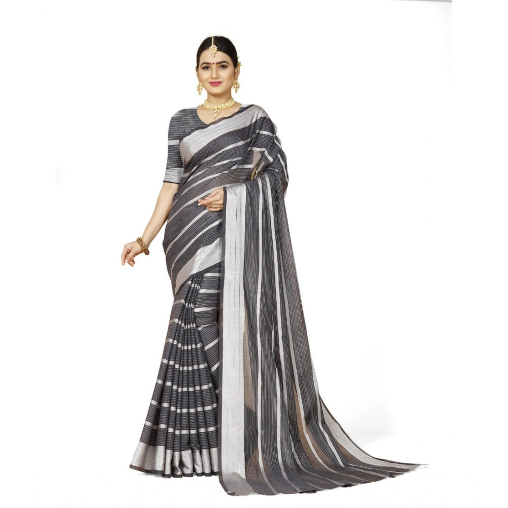 Generic Women's Cotton Silk Striped Saree With Unstitched Blouse 5.5Mtr (Grey)