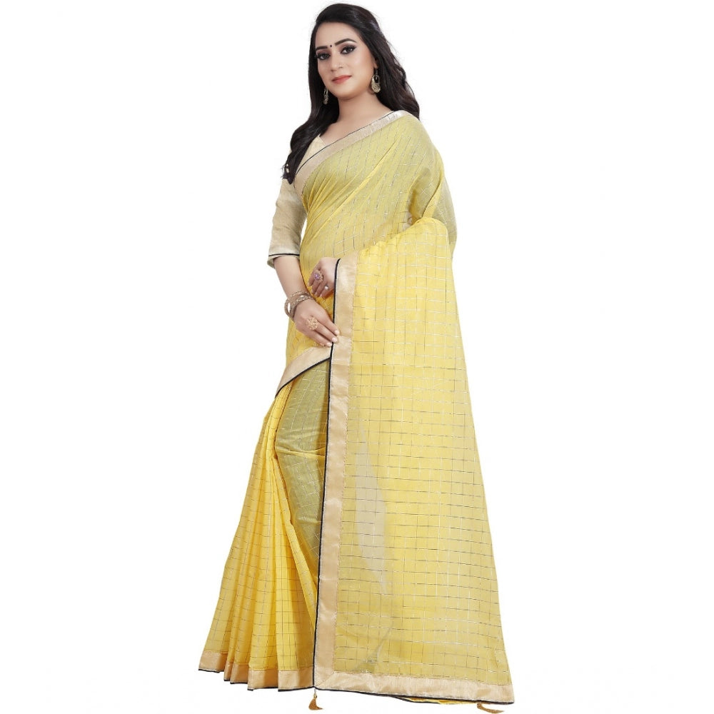 Generic Women's Cotton Silk Checkered Saree With Unstitched Blouse 5.5Mtr (Yellow)