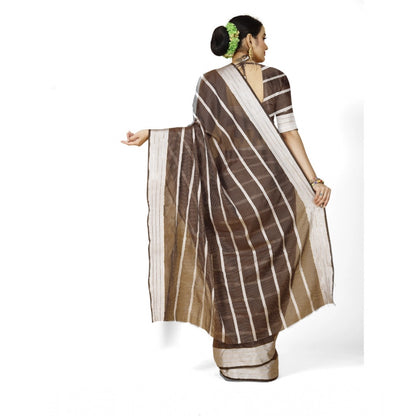 Generic Women's Cotton Silk Striped Saree With Unstitched Blouse 5.5Mtr (Brown)